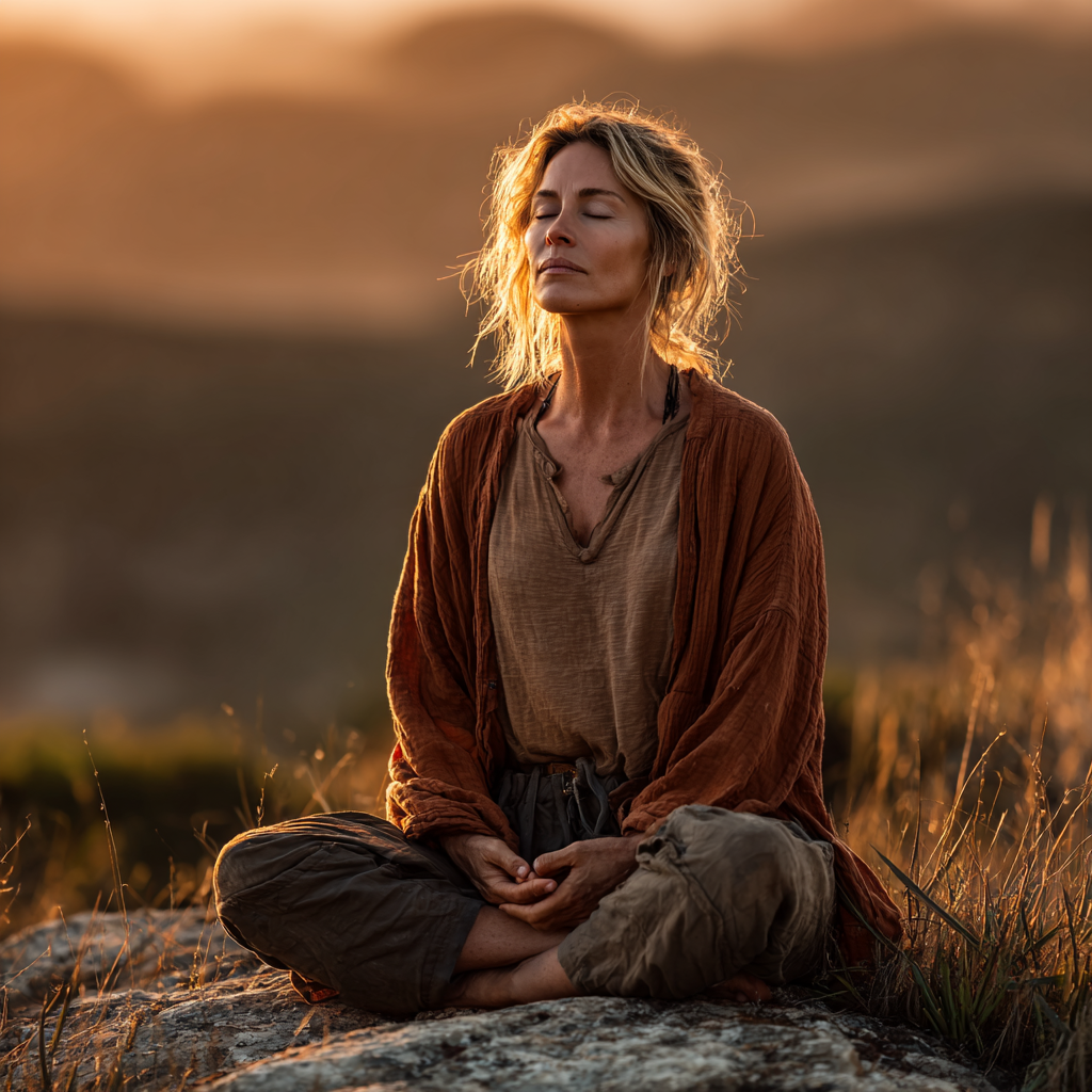 Peaceful woman in her late forties practicing yoga meditation in serene natural setting, sitting cross-legged with eyes closed, wearing comfortable earth-tone clothing, surrounded by soft morning light